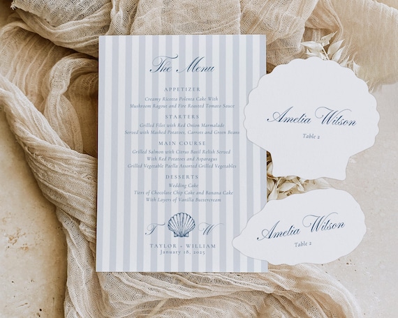 Seashell Wedding Menu And Place Card: Coastal Beach Theme (Digital Download)