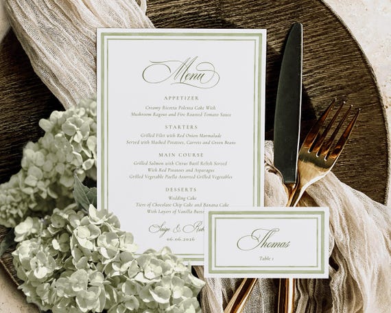 Green Watercolor Wedding Menu And Place Card: Elegant Classic Reception Template (Digital Download)