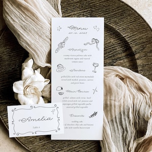 Plantilla de menú y tarjeta de ubicación / Plantilla de menú / Tarjeta de ubicación / Tarjeta de invitado al menú / Menú de boda / Menú de fiesta / Garabato / Dibujado a mano / Ilustraciones