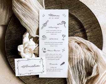Whimsical Wedding Menu And Place Card: Hand-Drawn Illustrations (Digital Download)