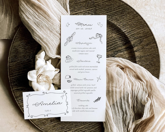 Whimsical Wedding Menu And Place Card: Hand-Drawn Illustrations (Digital Download)