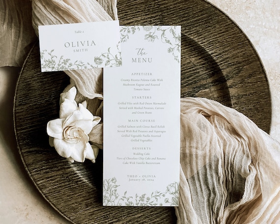 Green Floral Wedding Menu And Place Card: Toile De Jouy (Digital Download)