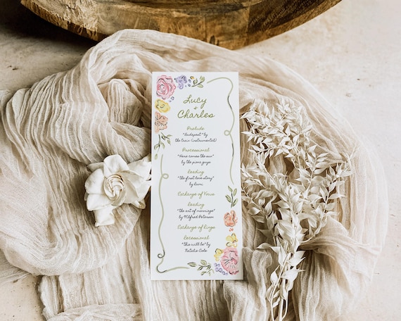 Whimsical Floral Wedding Program: Hand-Drawn Garden Party Ceremony Itinerary (Digital Download)