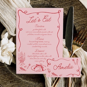 Bridal Shower Menü & Tischkarte Vorlage | Brautparty-Menü | Hand gezeichnetes Menü | Tischkarte | Menü-Gästekarte | Illustration | Bachelorette