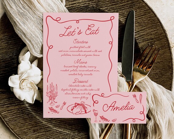Pink Red Bridal Shower Menu And Place Card: Hand-Drawn Illustrations (Digital Download)