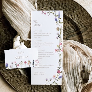 Plantilla de tarjeta de ubicación y menú de flores silvestres, Plantilla de menú de flores, Menú de boda, Tarjeta de ubicación de flores coloridas, Tarjeta de invitado de menú, Fiesta en el jardín