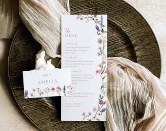 May include: A wedding menu card with a floral border. The menu includes appetizers, starters, and a main course. The card also includes the names Theo and Olivia and the date January 18, 2024.