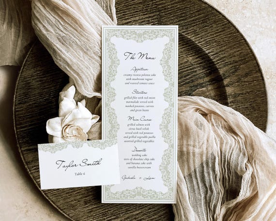 Vintage Lace Frame Wedding Menu And Place Card: Green Floral (Digital Download)