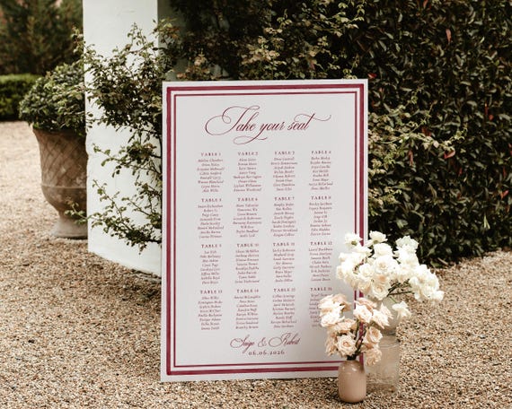 Burgundy Watercolor Wedding Seating Chart: Luxury Old Money Design (Digital Download)