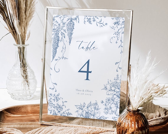Dusty Blue Floral Wedding Table Number: Toile De Jouy Sign (Digital Download)