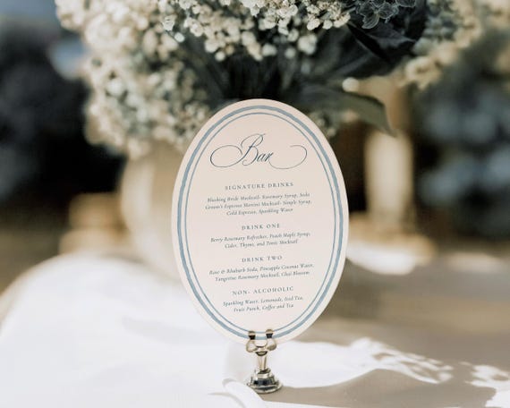 Blue Watercolor Oval Wedding Bar Menu: Elegant Classic Drinks Sign (Digital Download)