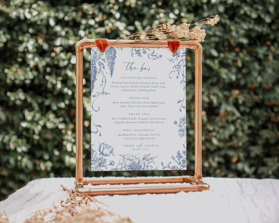 Dusty Blue Floral Wedding Bar Menu: Toile De Jouy Drink Sign (Digital Download)