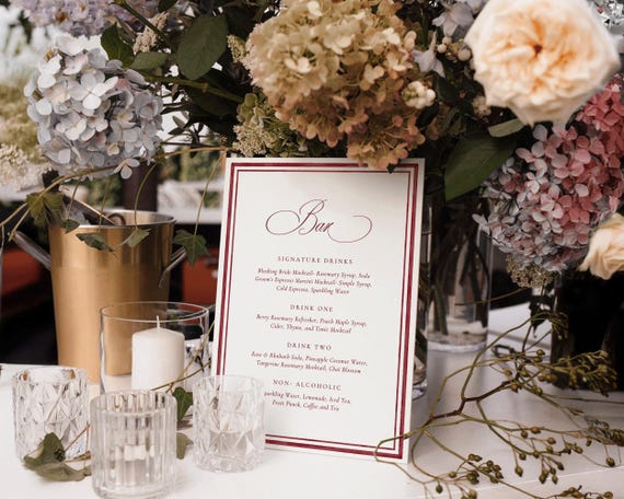 Burgundy Watercolor Wedding Bar Menu: Luxury Old Money Drinks Sign (Digital Download)
