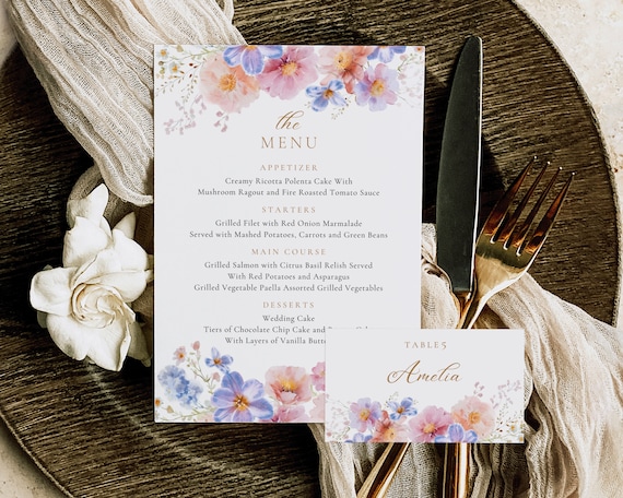 Wildflower Bridal Menu And Place Card: Floral Party Design (Digital Download)