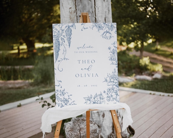 Dusty Blue Floral Wedding Welcome Sign: Toile De Jouy (Digital Download)