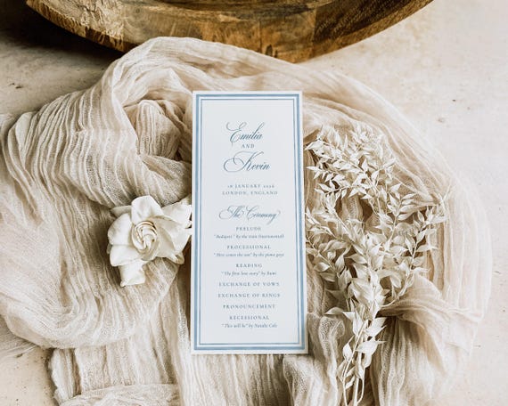 Blue Watercolor Wedding Program: Elegant Classic Ceremony Itinerary Template (Digital Download)