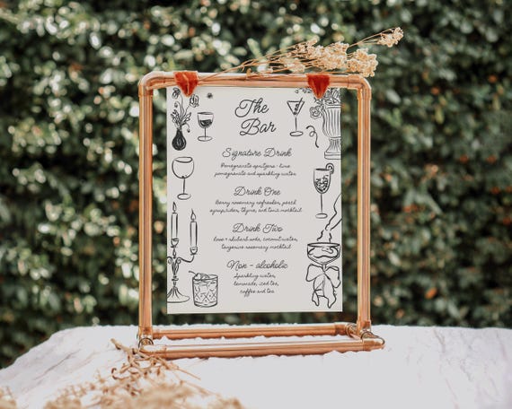 Hand-Drawn Wedding Bar Menu Template: Whimsical Drink Sign (Digital Download)