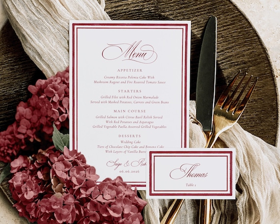 Burgundy Watercolor Wedding Menu And Place Card: Luxury Old Money Reception Template (Digital Download)