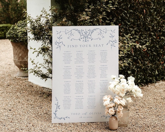 Vintage Dusty Blue Floral Wedding Seating Chart: Chinoiserie Frames (Digital Download)