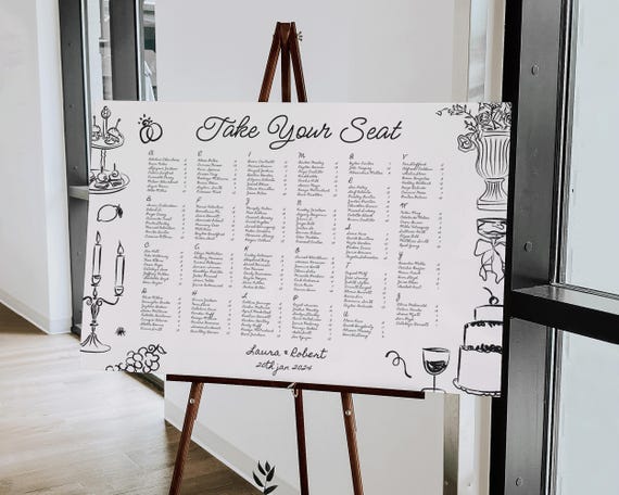 Hand Drawn Wedding Seating Chart: Whimsical Doodle Illustrations (Digital Download)