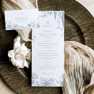 Stoffig blauw menu- en plaatskaartsjabloon | Franse rozen menusjabloon | Toile De Jouy | Chinoiserie | Menu Gastenkaart | Plaats kaarten