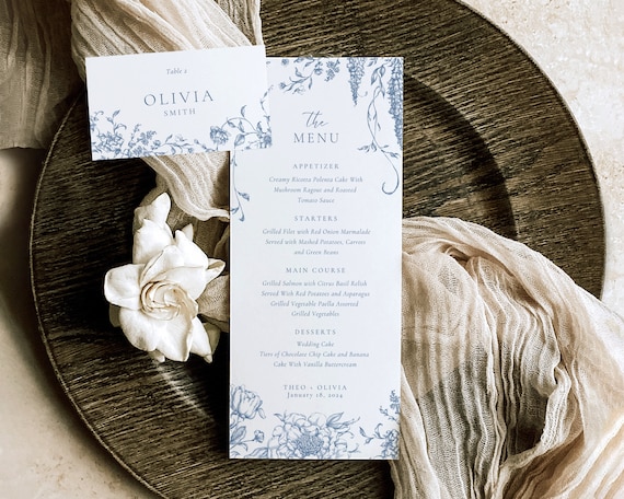 Dusty Blue Floral Wedding Menu And Place Card: Toile De Jouy (Digital Download)