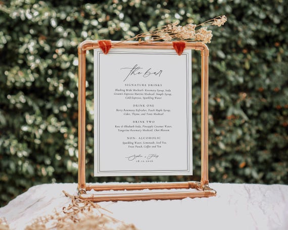 Elegant Minimalist Wedding Bar Menu: Modern Drinks Sign (Digital Download)