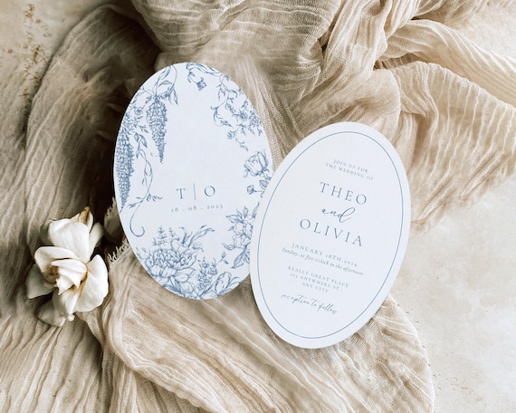 Oval Dusty Blue Floral Wedding Invitation Suite: Toile De Jouy (Digital Download)