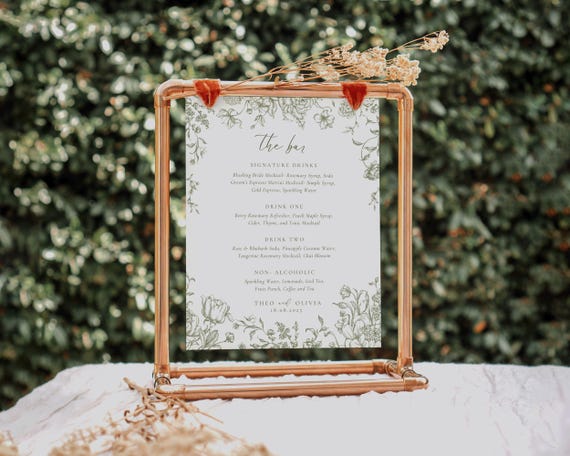 Green Floral Wedding Bar Menu: Toile De Jouy Drink Sign (Digital Download)