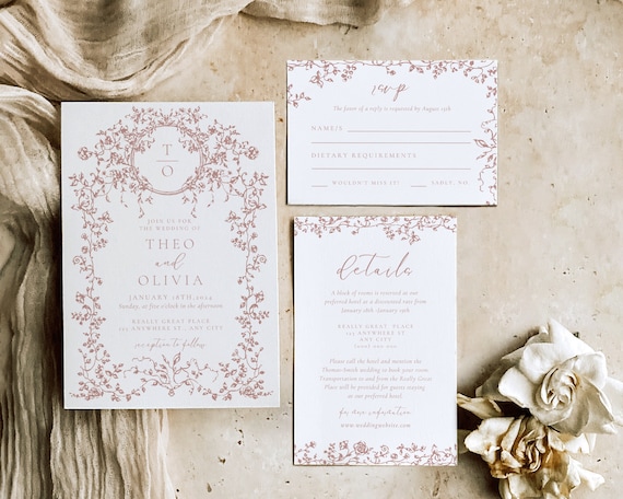 Dusty Pink Floral Wedding Invitation Template: Toile De Jouy (Digital Download)