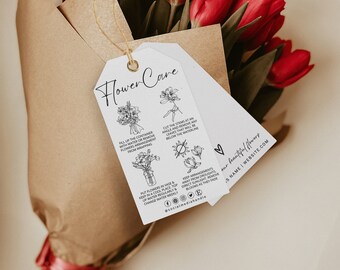 Etiqueta colgante de cuidado de flores editable / Tarjeta de cuidado de plantas de flores / Instrucciones de cuidado de flores frescas / Etiqueta de flores / Tarjeta de recinto de flores / Cuidado de floristería