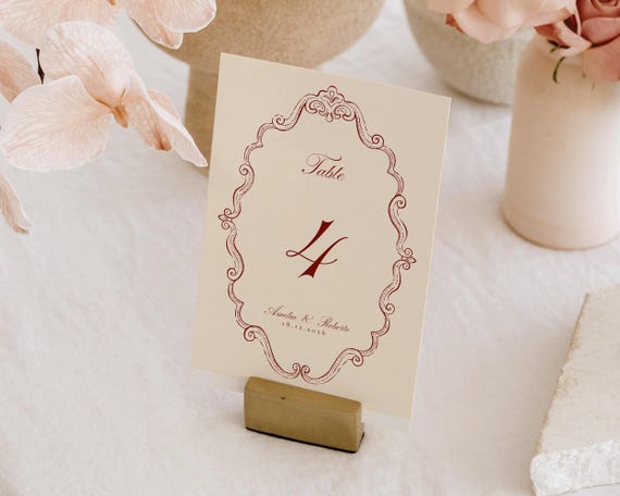 Burgundy Wedding Table Number: Hand-Drawn Illustrations (Digital Download)
