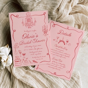 Invitación de despedida de soltera dibujada a mano / Invitación divertida de despedida de soltera rosa / Plantilla de despedida de soltera rosa y roja / Invitación caprichosa / Tendencia