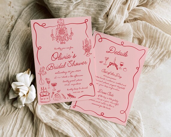 Pink Red Bridal Shower Invitation: Hand-Drawn Illustrations (Digital Download)