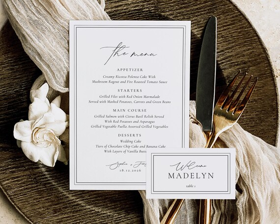 Elegant Wedding Menu And Place Card: Modern Minimalist (Digital Download)