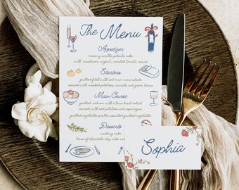 Menu & Place Card Template | Hand Drawn Menu Template | Place Card | Menu Guest Card | Wedding Menu | Wedding Party Food Menu | Whimsical