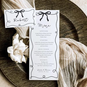Plantilla de menú y tarjeta de ubicación / Plantilla de menú con lazo / Tarjeta de ubicación con lazo / Tarjeta de invitado al menú / Menú de boda / Menú de fiesta / Lazo negro / Moderno / Cinta