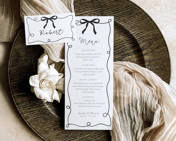 Black Bow Wedding Menu And Place Card: Fun Whimsical Trendy (Digital Download)