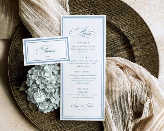 Blue Watercolor Wedding Menu And Place Card: Elegant Classic Reception Template (Digital Download)