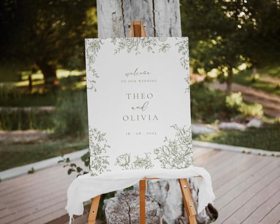 Green Floral Wedding Welcome Sign: Toile De Jouy (Digital Download)