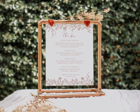 Dusty Pink Floral Wedding Bar Menu: Toile De Jouy Drink Sign (Digital Download)