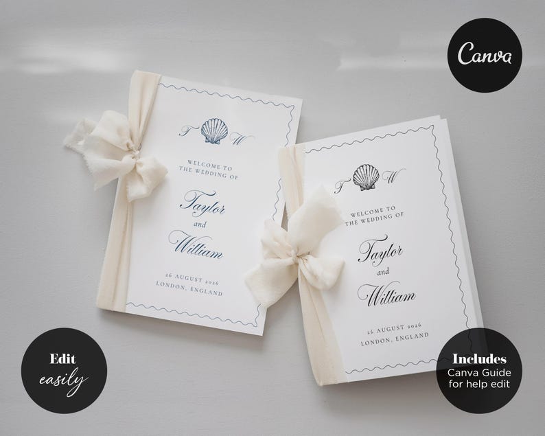 May include: Two white wedding program cards featuring a navy blue scallop shell illustration, elegant serif and script typography, and a decorative wavy border. Each card is tied with a cream-colored chiffon ribbon on the left side.