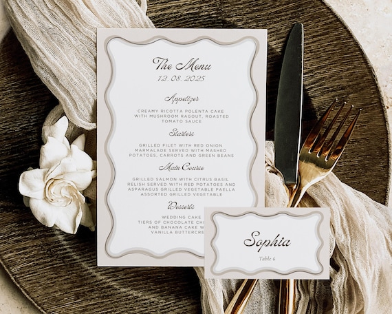 Curvy Wedding Menu And Place Card: Wavy Edge (Digital Download)