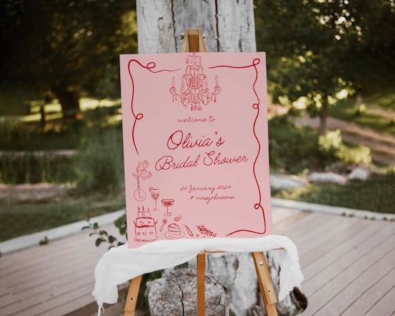 Pink Red Bridal Shower Welcome Sign Template: Hand-Drawn Illustrations (Digital Download)