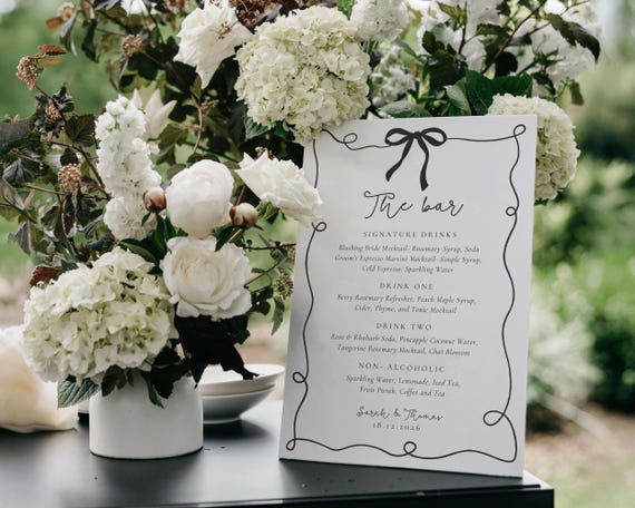 Black Bow Wedding Bar Menu: Fun Whimsical Trendy Drink Sign (Digital Download)