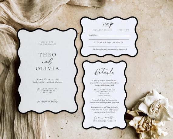 Black Wavy Edge Wedding Invitation Set: Minimalist Template (Digital Download)