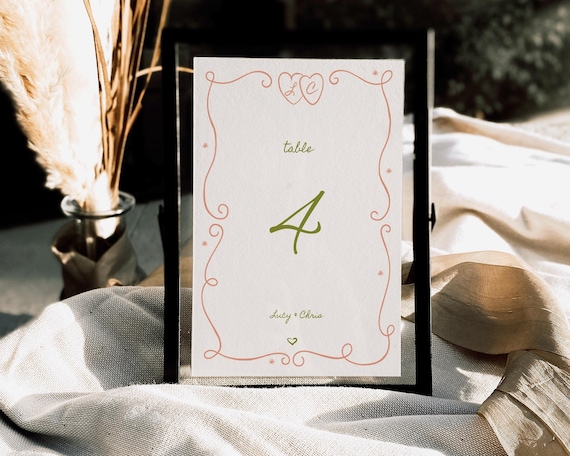 Hand-Drawn Wedding Table Number: Fun Trendy Illustration Sign (Digital Download)