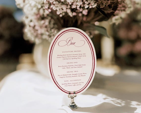 Burgundy Watercolor Oval Wedding Bar Menu: Luxury Old Money Drinks Sign (Digital Download)