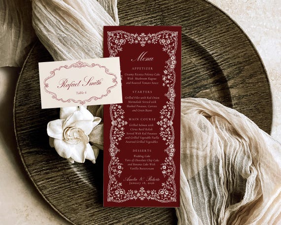 Burgundy Wedding Menu And Place Card: Hand-Drawn Illustrations (Digital Download)