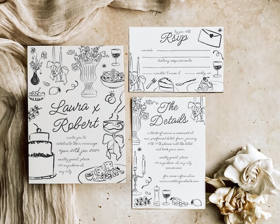 Hand-Drawn Wedding Invitation Suite: Whimsical Dinner Illustrations (Digital Download)